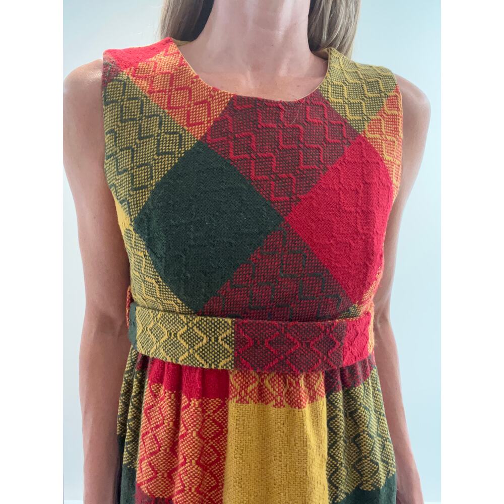 Vintage 1960s-70s Patchwork Plaid Sleeveless Maxi Dress w Belt Red Yellow Sm JL - Picture 2 of 11
